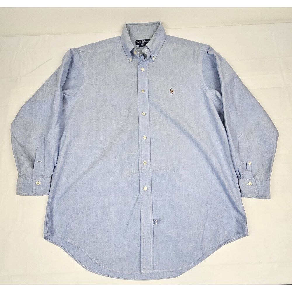 Ralph Lauren Mens Shirt 17-34 Button‎ Down Blue 100% Cotton Long Sleeve.